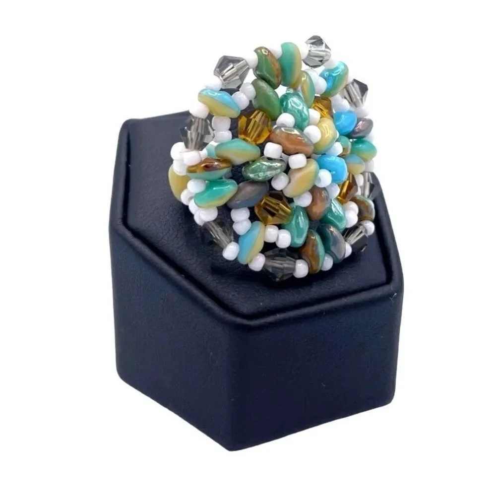 Multi Blue and Cream with White and Gray Crystal Beaded Statement Ring Size 7.5